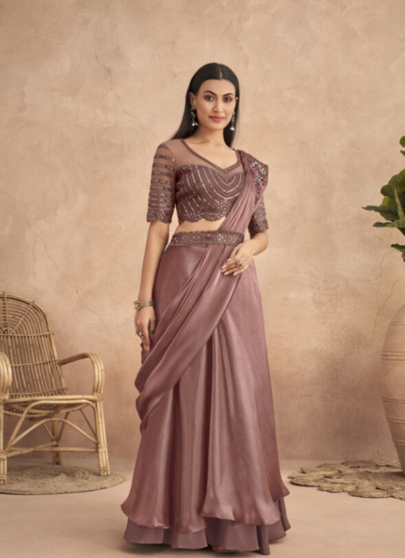 Fancy Saree With Belt In Brown