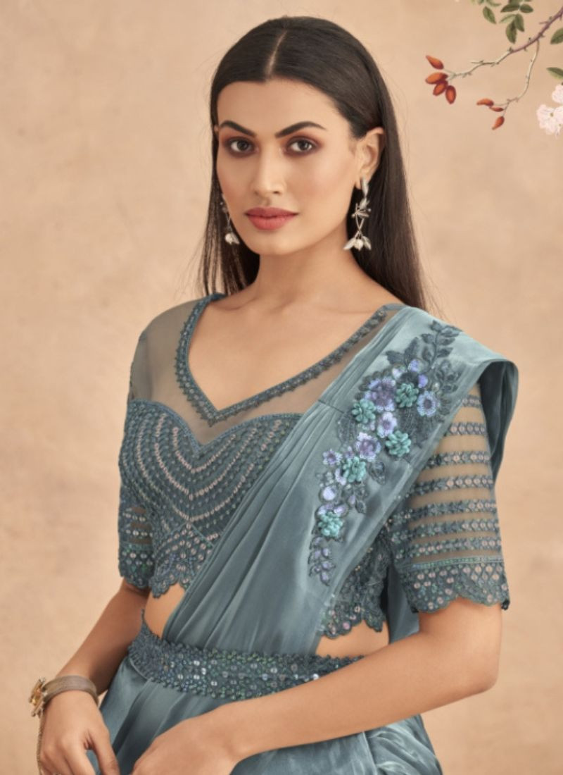 Fancy Saree With Belt In Light Blue