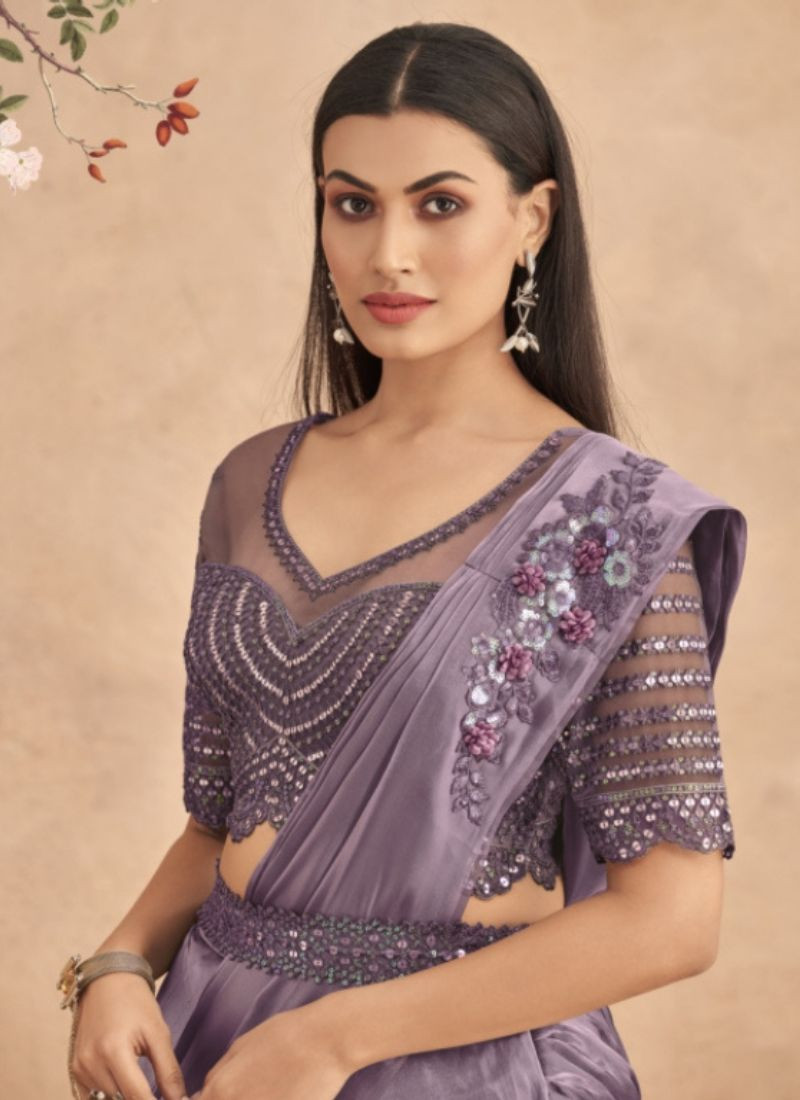 Fancy Saree With Belt In Light Purple