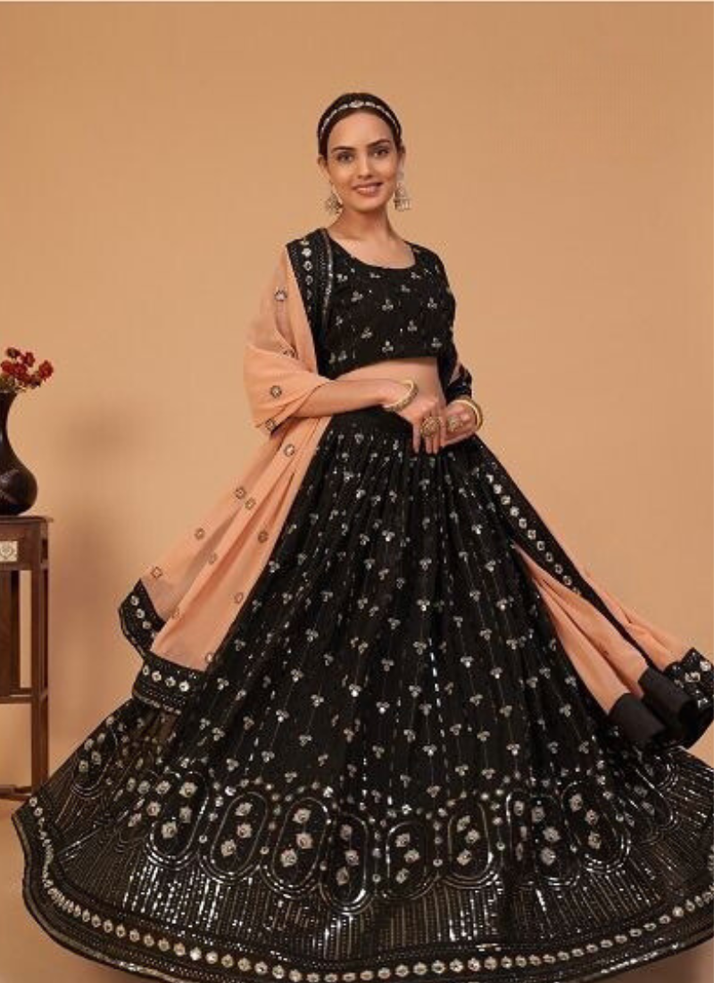 Black Silk Embroidered Wedding Lehenga Choli with Dupatta - LC6463
