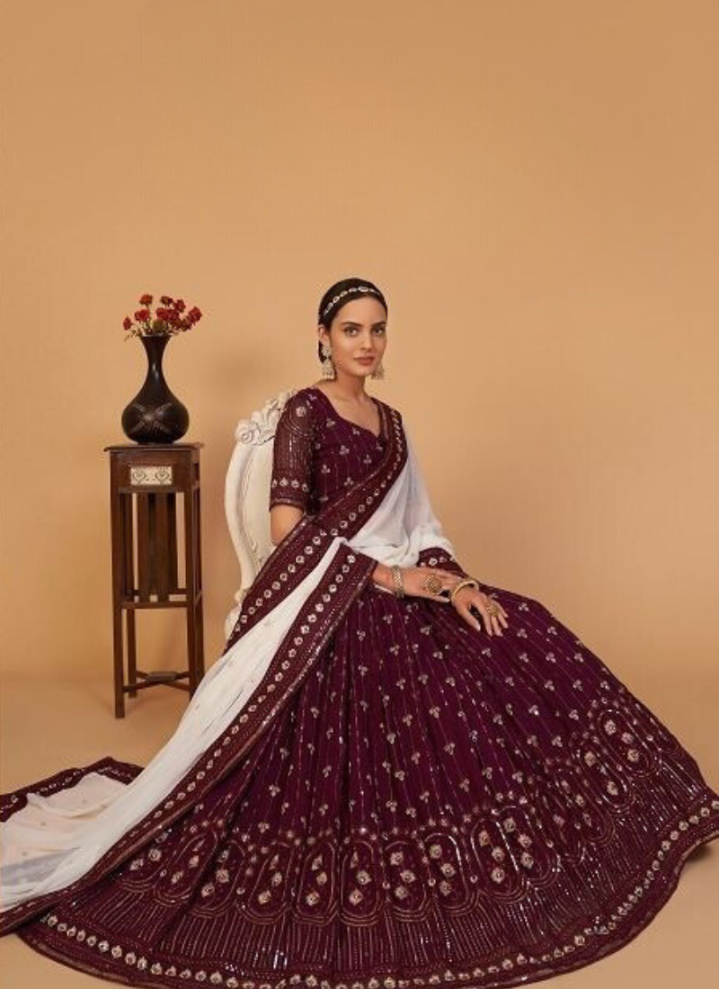 Real Georgette Whine Lehenga With White Blue Dupatta