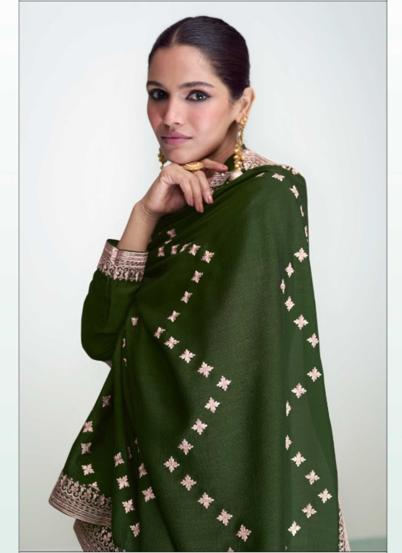 Designer Premium Silk Plazo Set In Green
