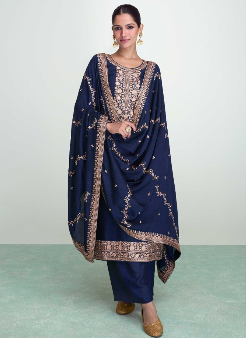 Designer Premium Silk Plazo Set In Dark Blue