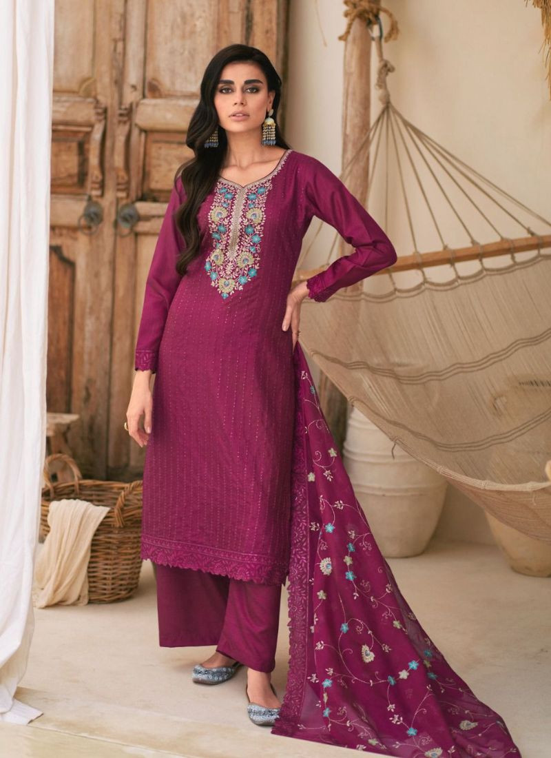 Designer Premium Silk Plazo Set In Purple
