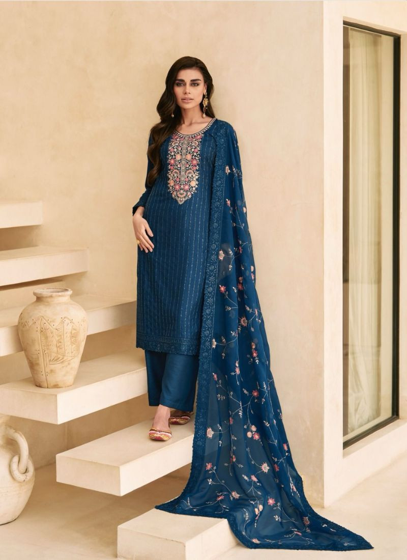Designer Premium Silk Plazo Set In Teal Blue