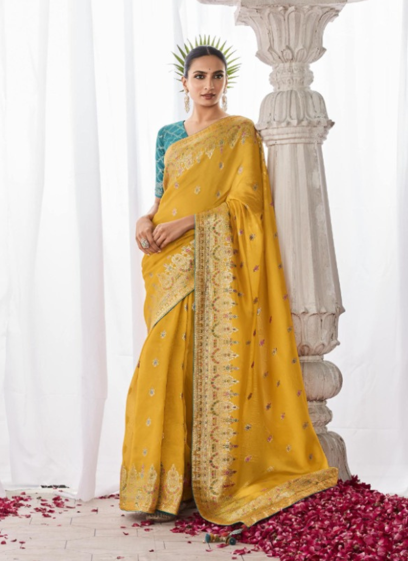 Kora Silk Saree In Dark Yellow