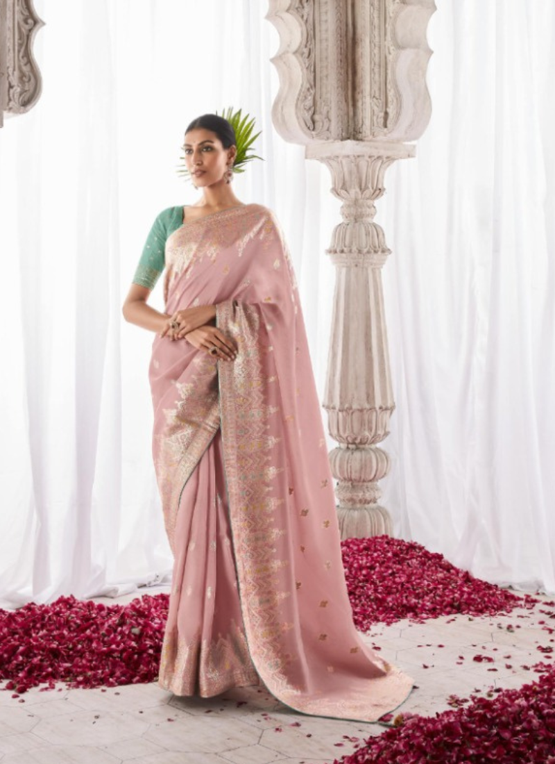 Kora Silk Saree In Pastel Pink