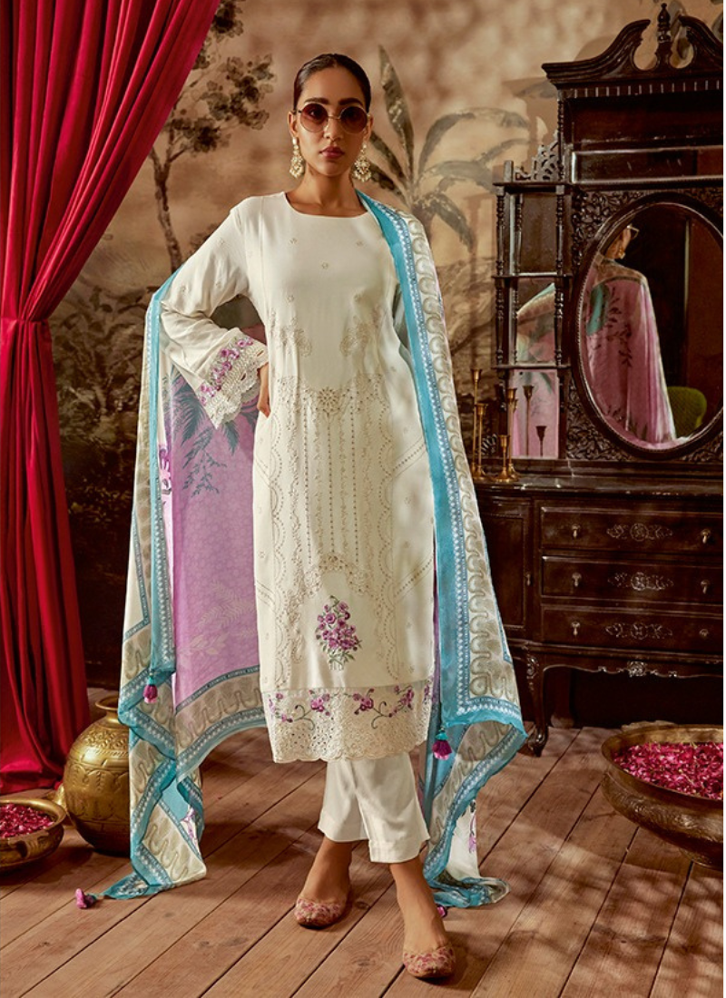 Modale Silk With Parsi Embroidery Suit Set In White