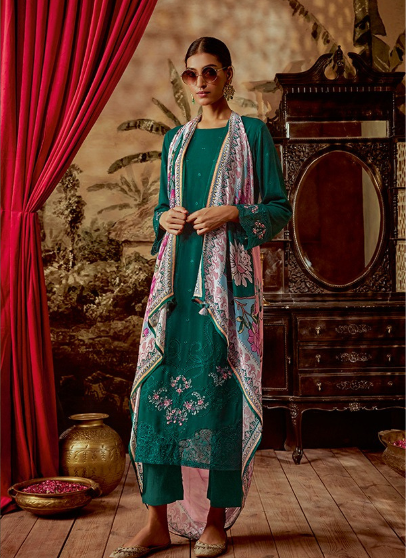 Modale Silk With Parsi Embroidery Suit Set In Sea Green