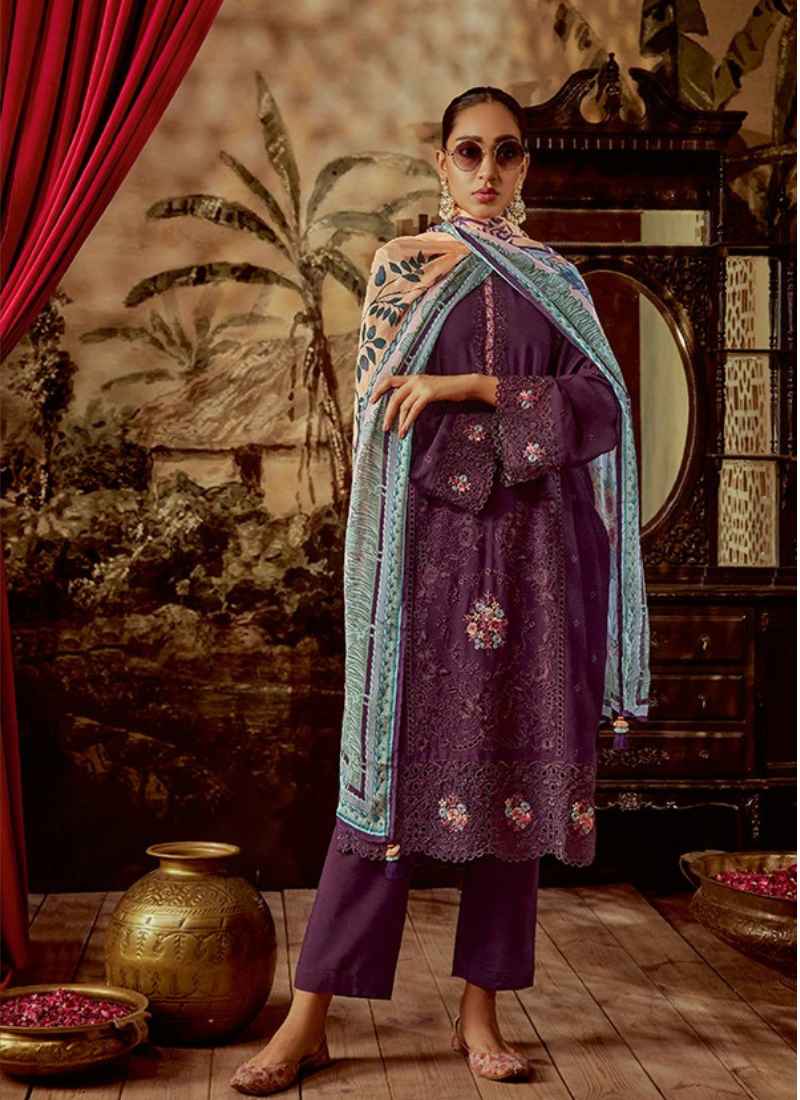 Modale Silk With Parsi Embroidery Suit Set In Purple