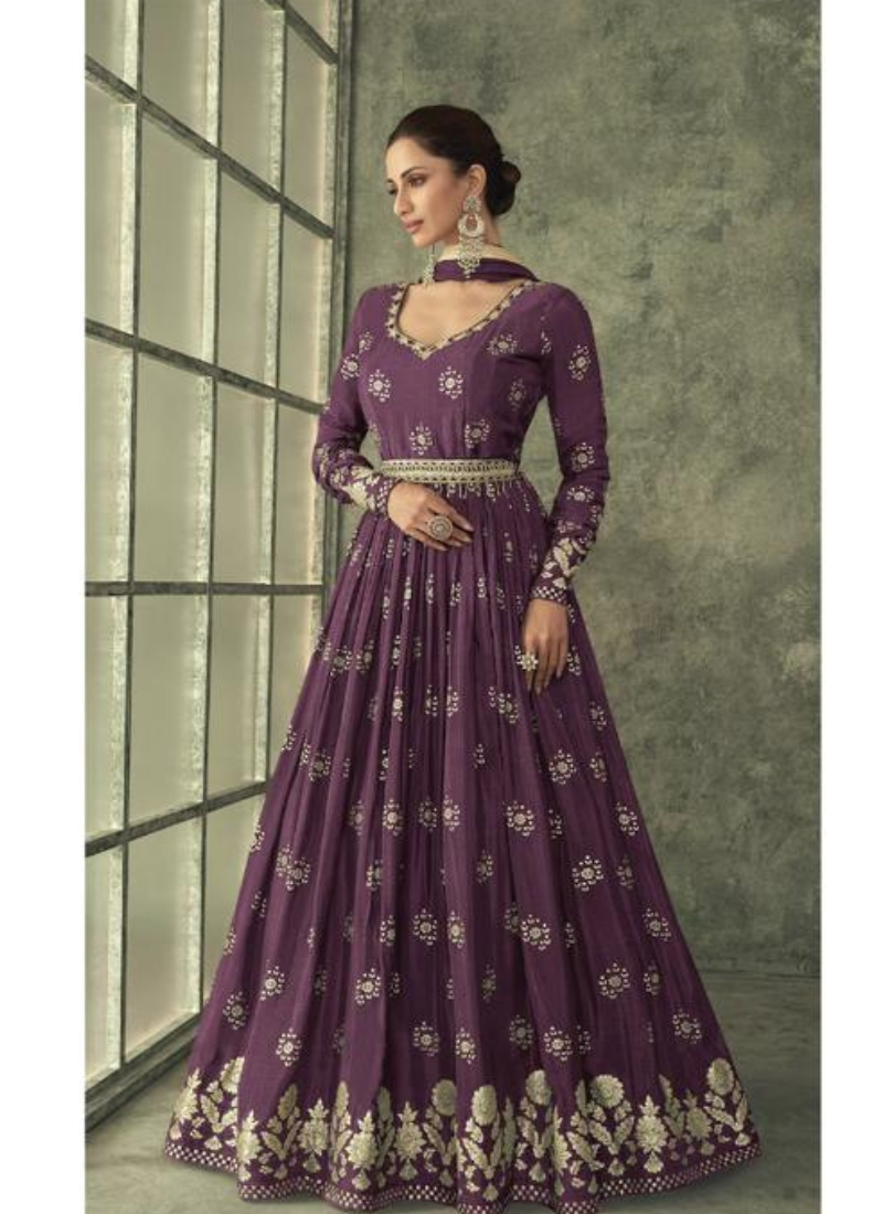 Pure Viscos Silk Jacquard Gown In Purple
