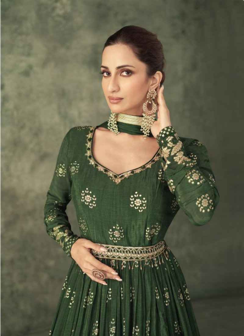 Pure Viscos Silk Jacquard Gown In Green