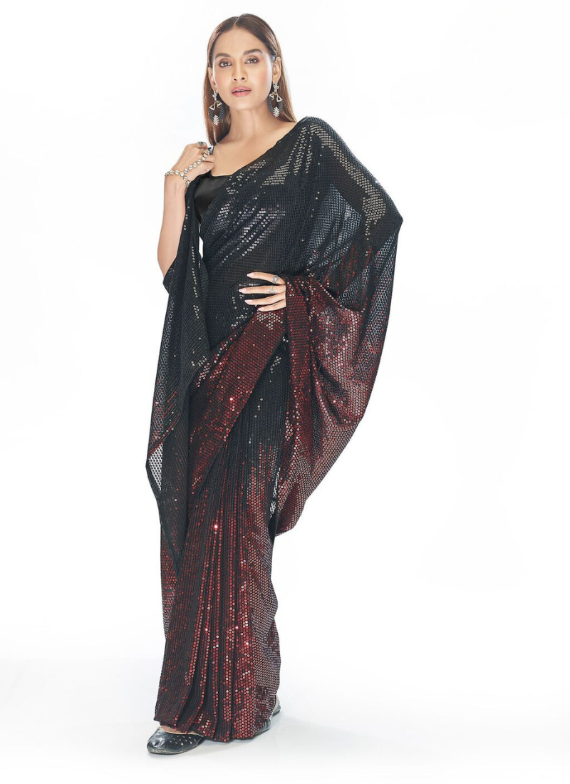 Georgette Sequence Saree In Red And Black