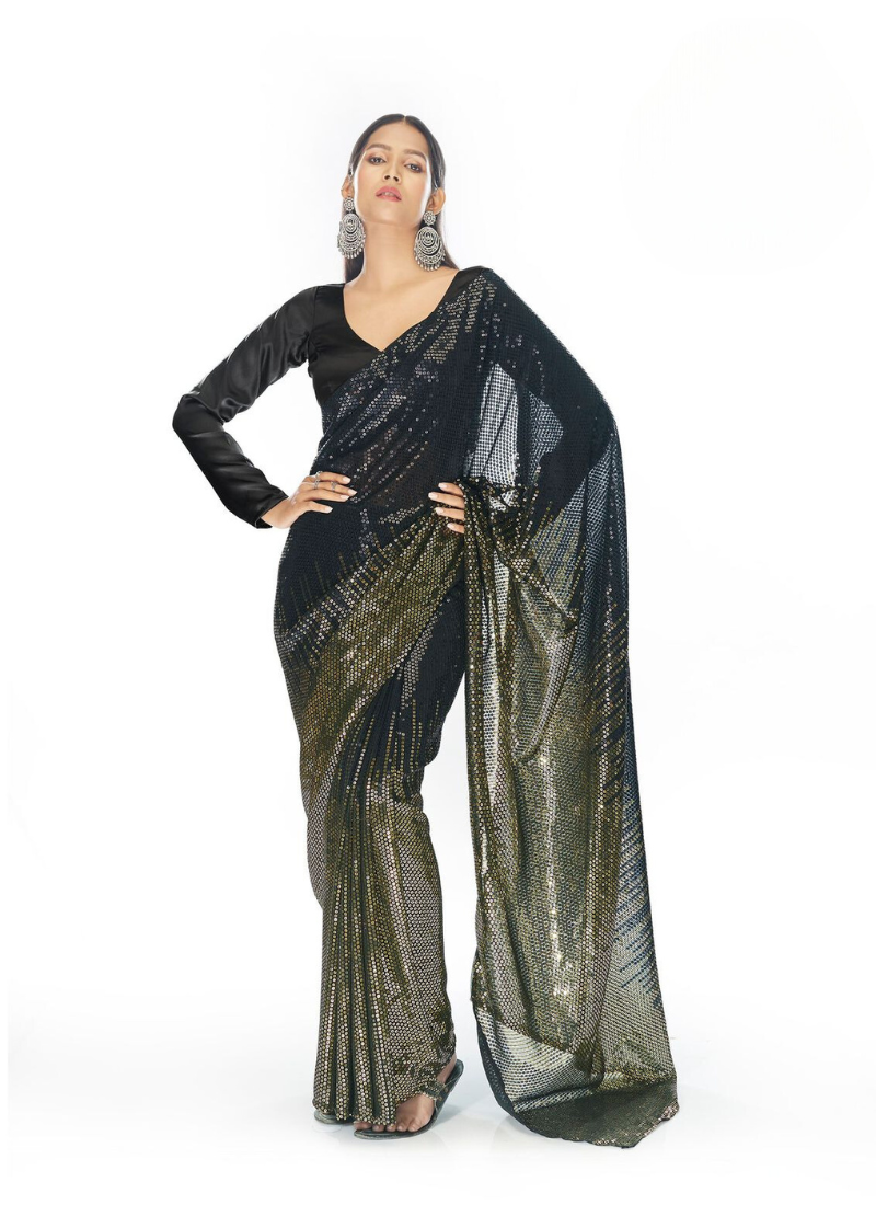 Georgette Sequence Saree In Black And Green