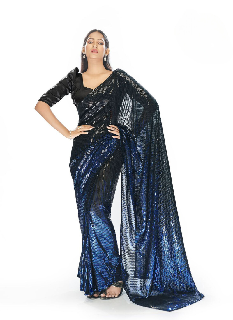 Georgette Sequence Saree In Blue And Black