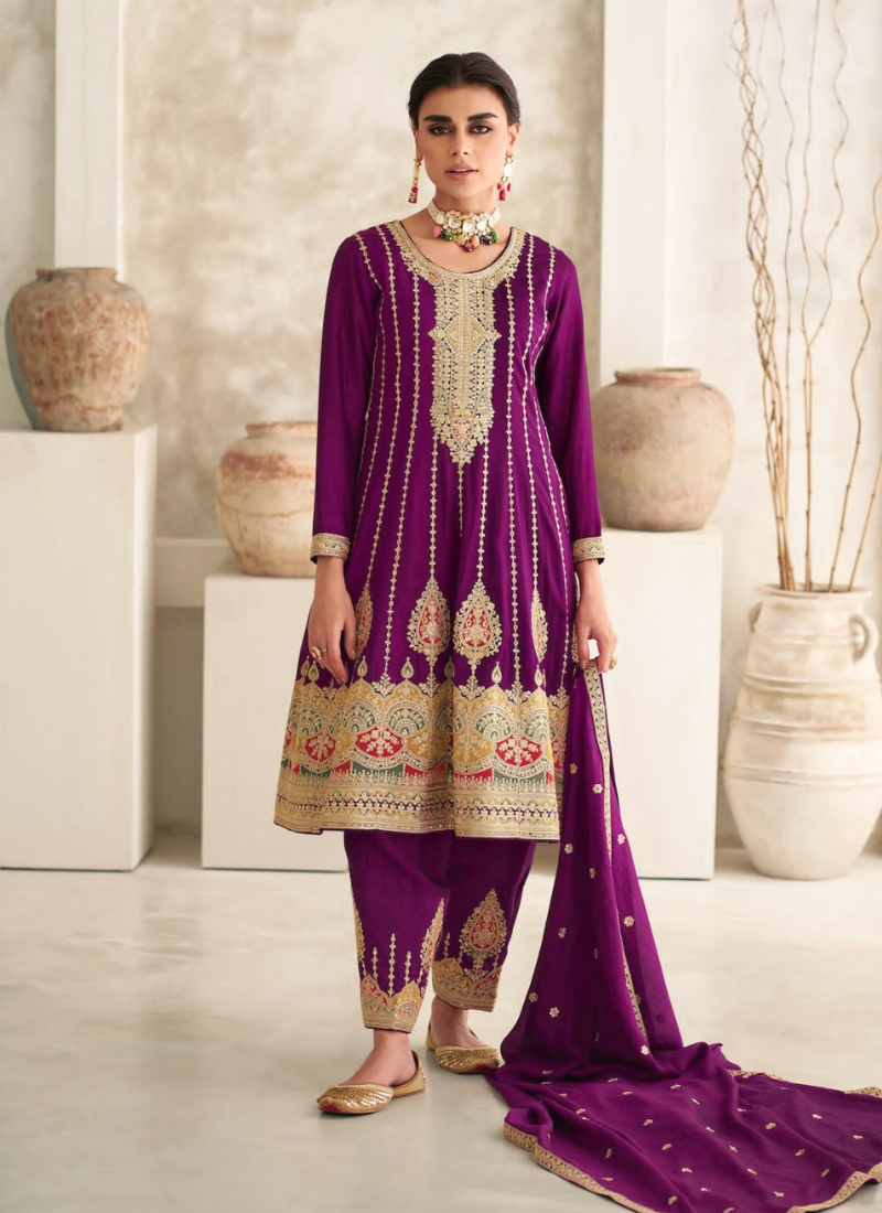 Designer Silk Anarkali Suit In Purple