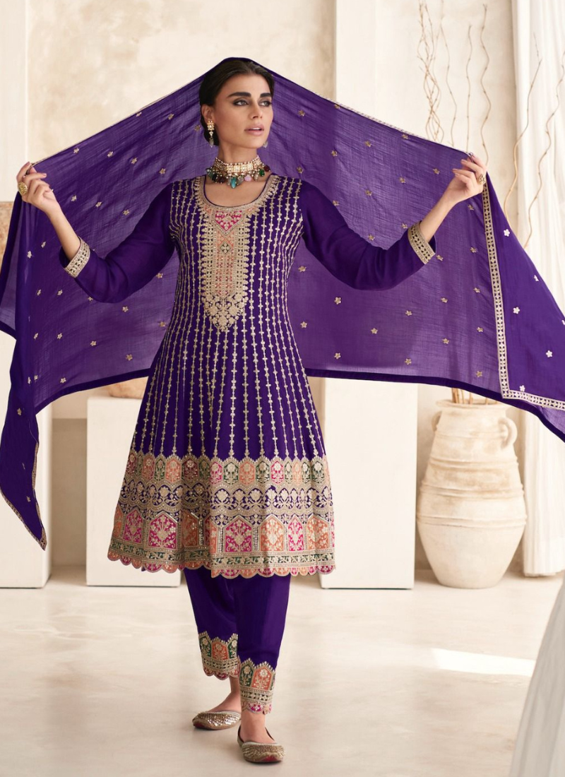 Designer Silk Anarkali Suit In Dark Purple