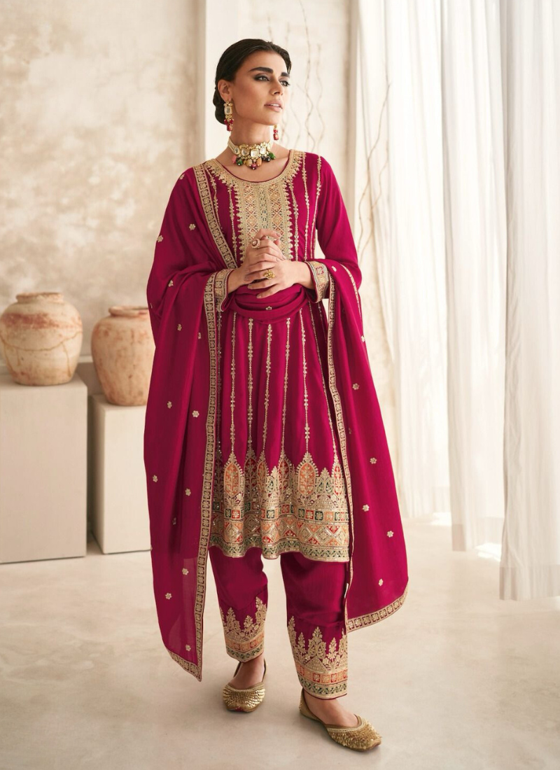 Designer Silk Anarkali Suit In Dark Pink