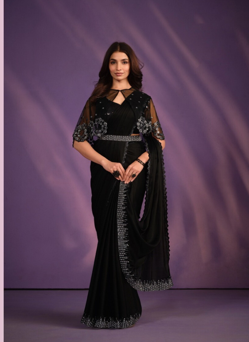 Crepe Satin Silk Ready To Wear Saree In Black