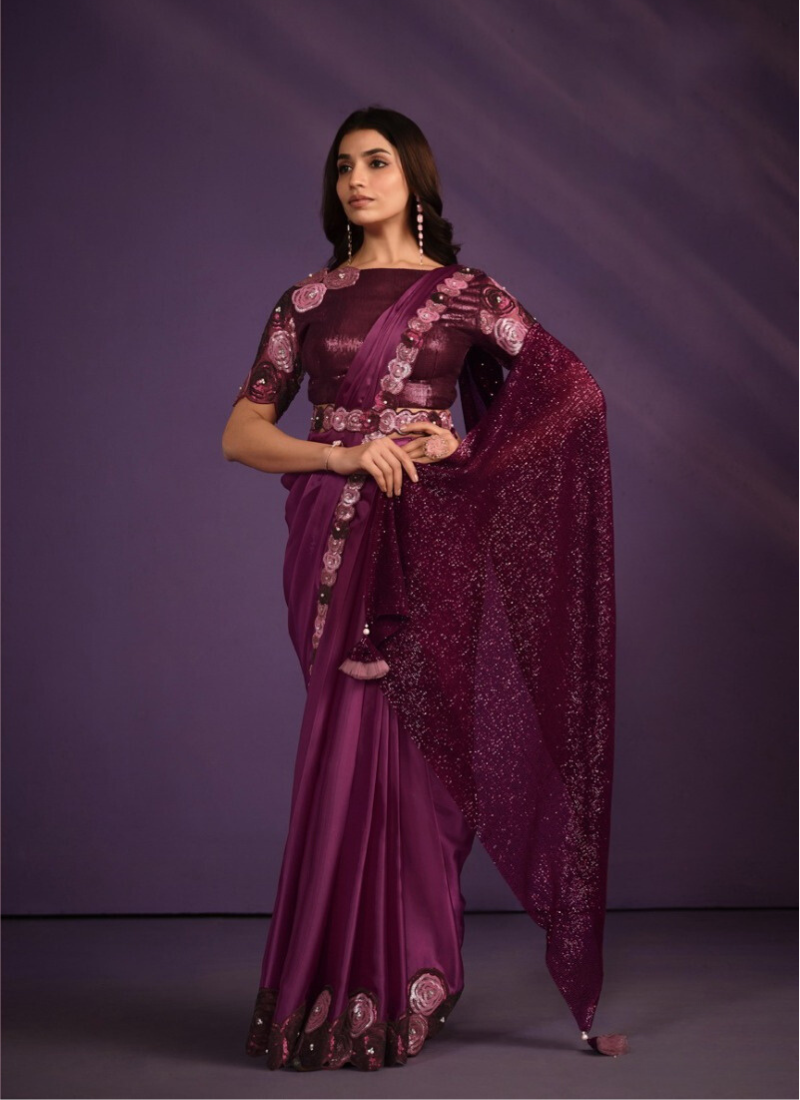 Crepe Satin Silk Ready To Wear Saree In Whine
