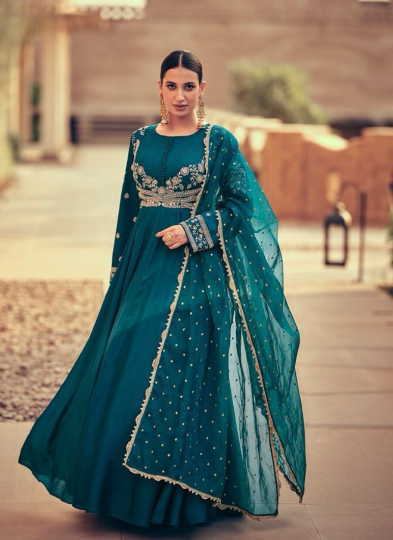 Designer Silk Gown In Teal Blue