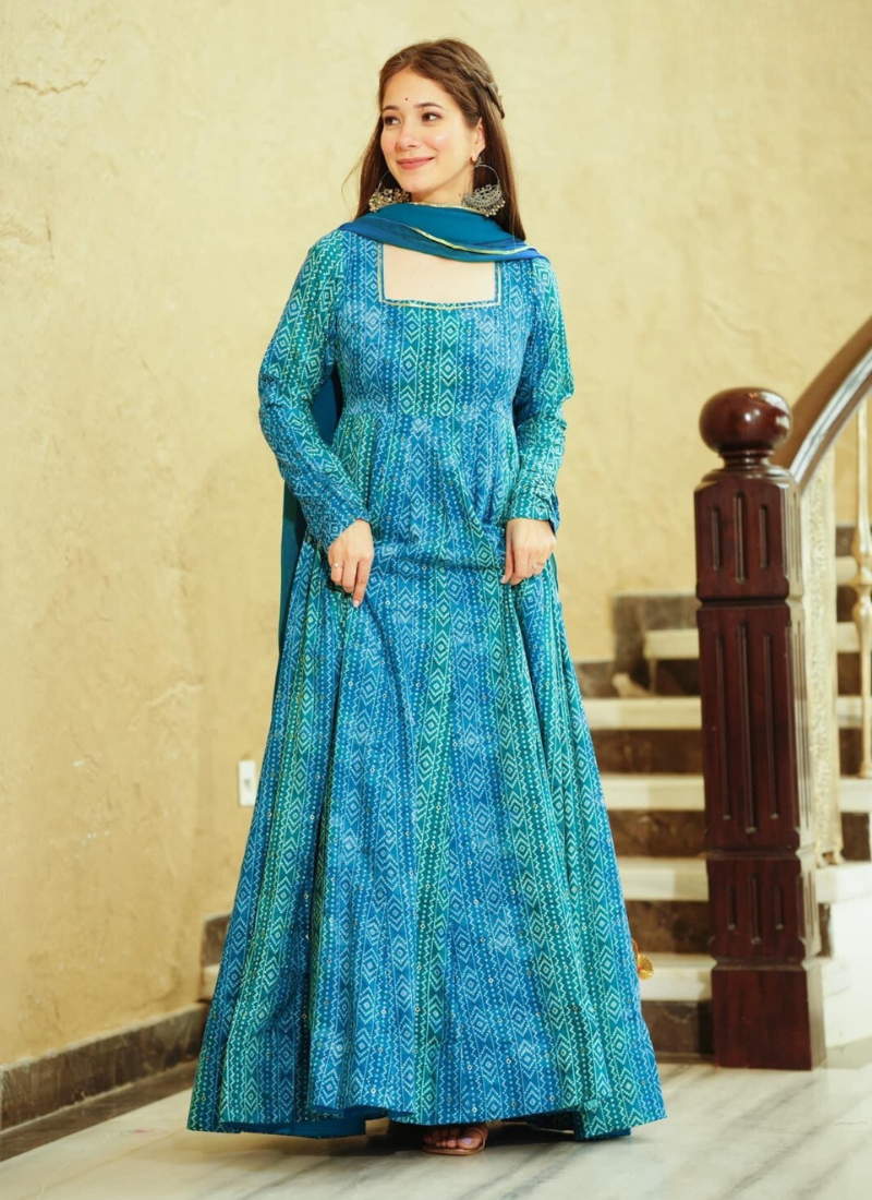 Crape Anarkali Gown In Blue