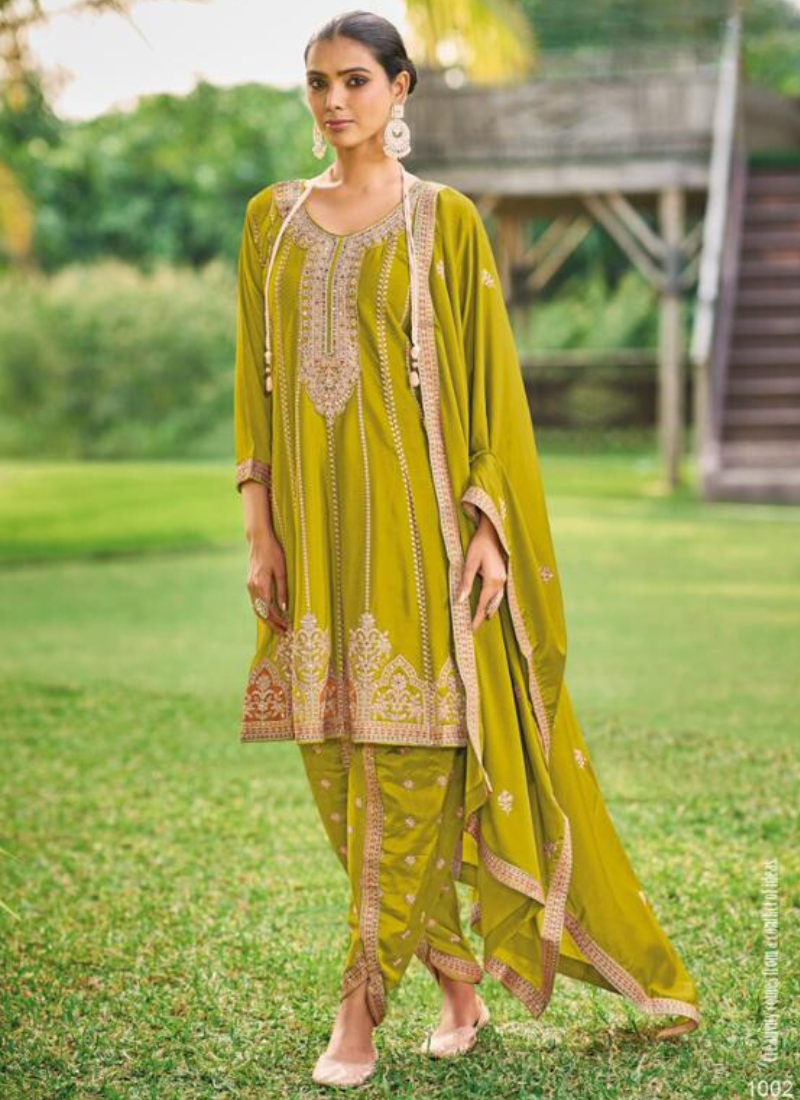 Semi Pure Chinon Dhoti Suit set In Light Green