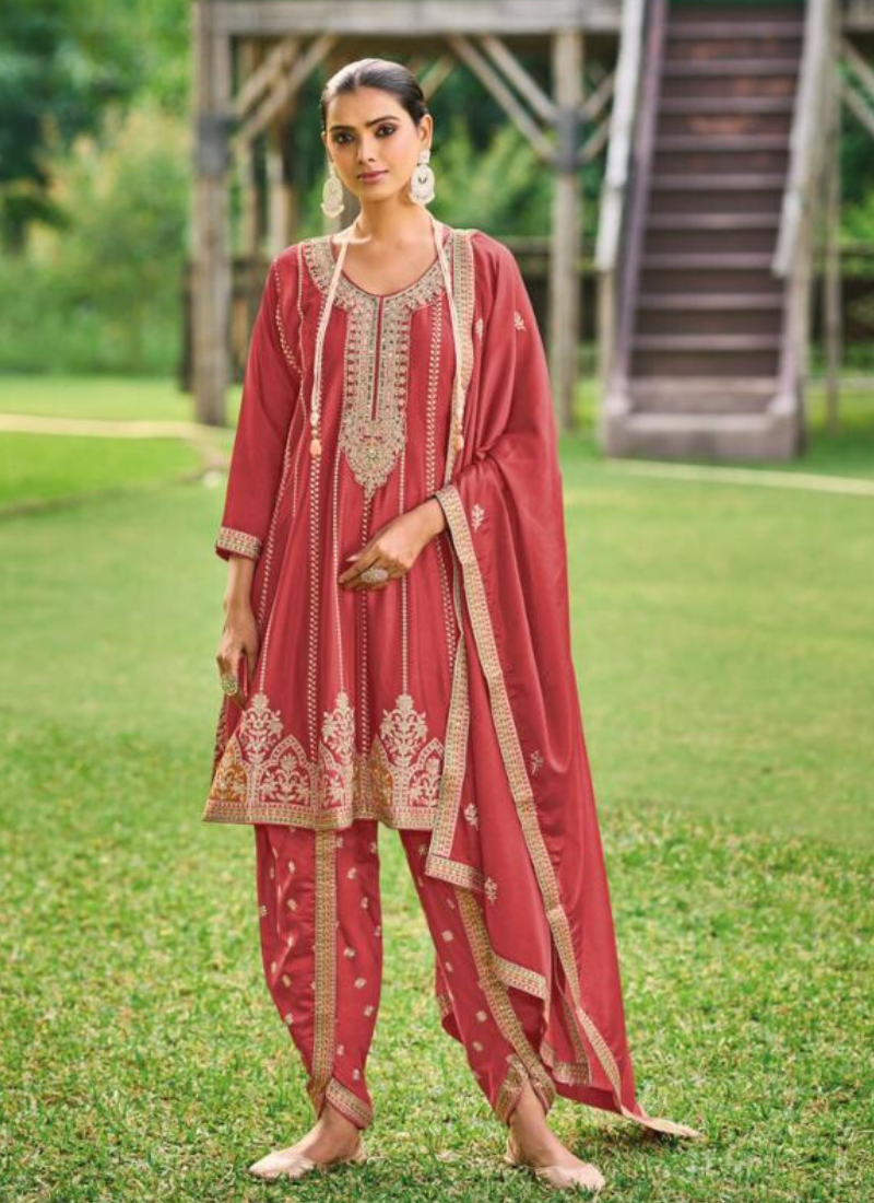 Semi Pure Chinon Dhoti Suit set In Red