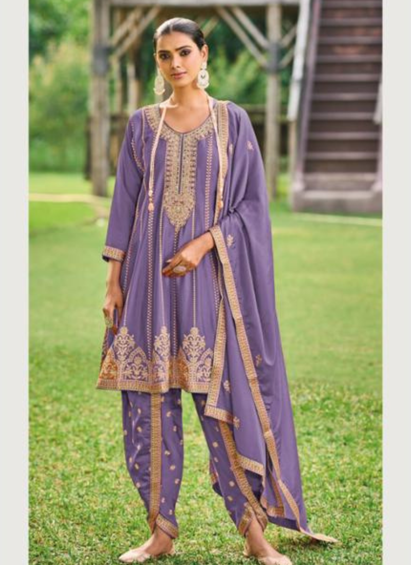 Semi Pure Chinon Dhoti Suit set In lavender