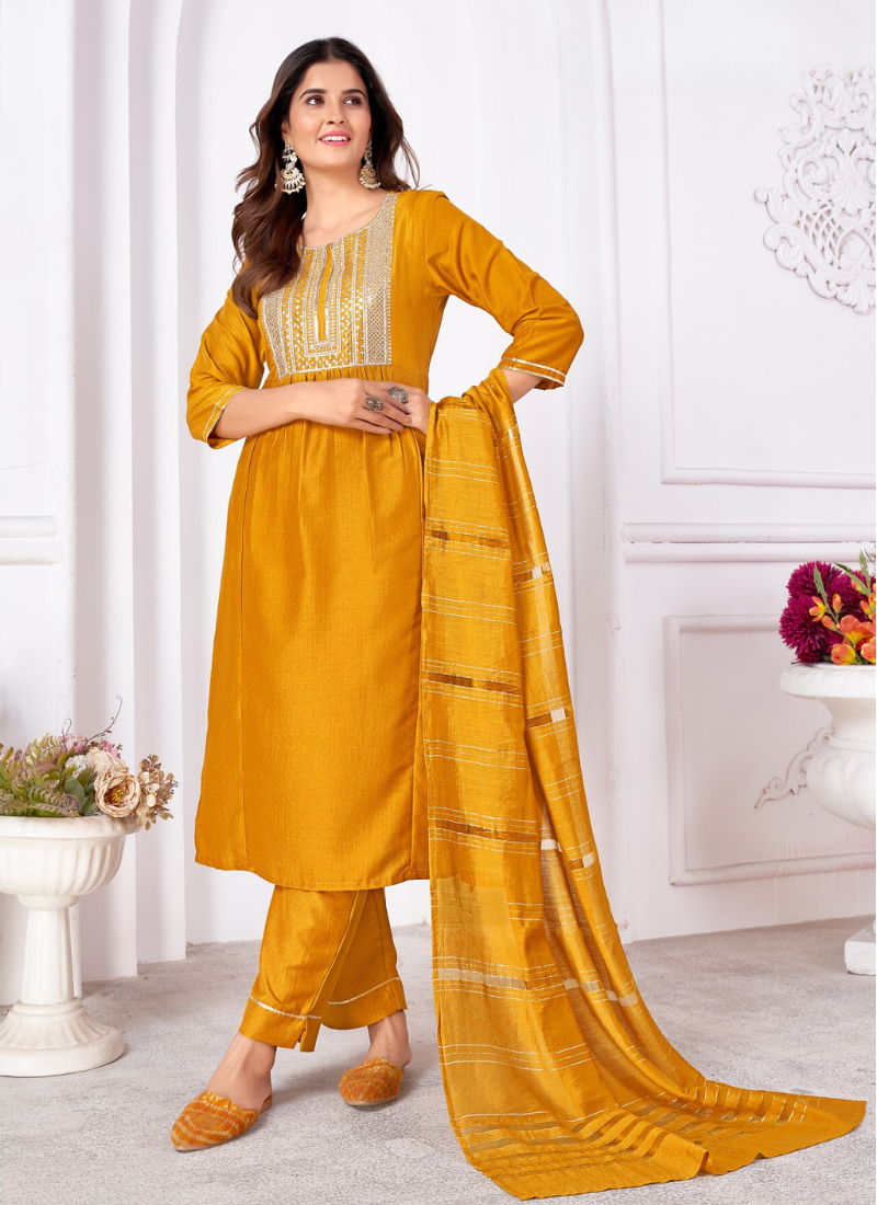 Vertical Silk Heavy sequence embroidery Suit Set In Yellow