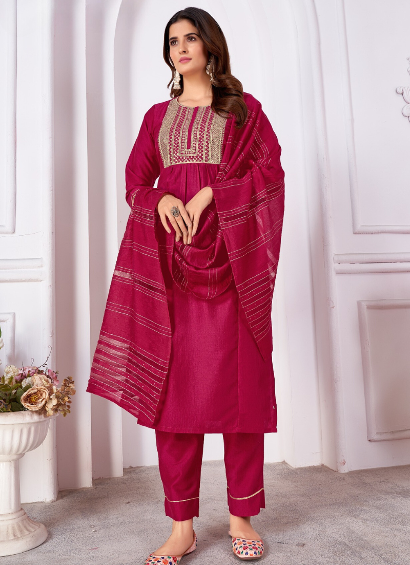 Vertical Silk Heavy sequence embroidery Suit Set In Dark Pink