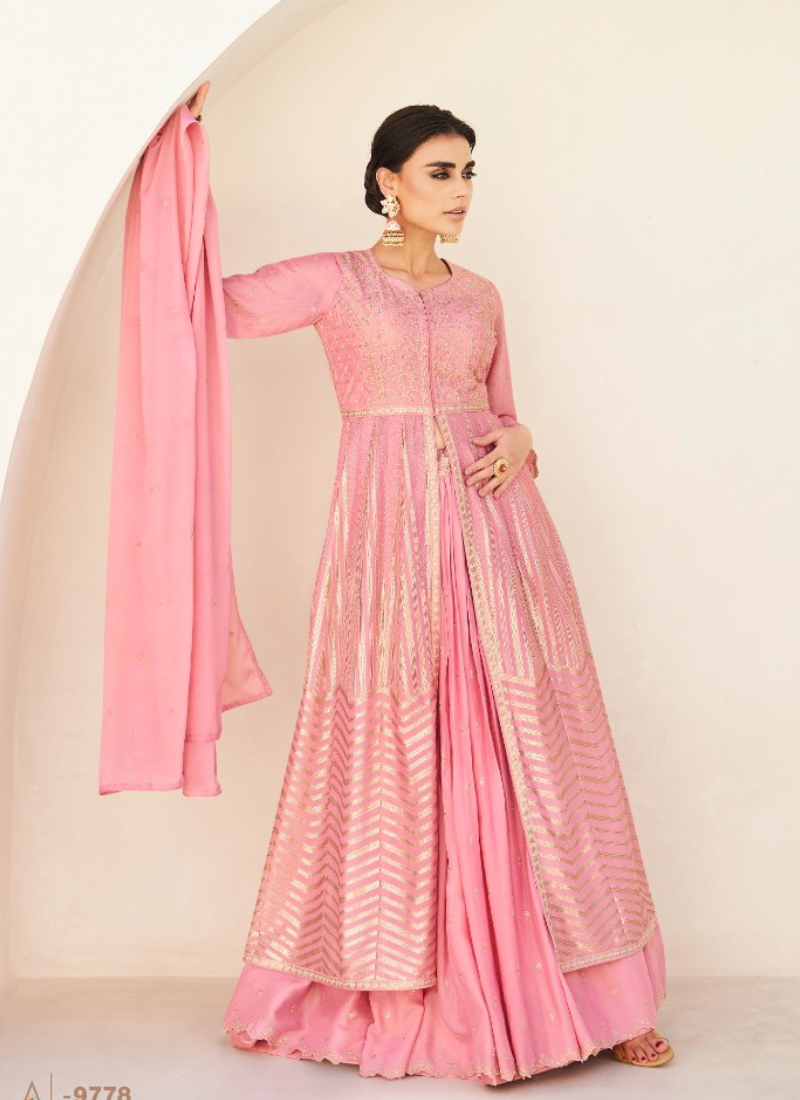Premiuk Chinon Silk Shrug Gown In Pink