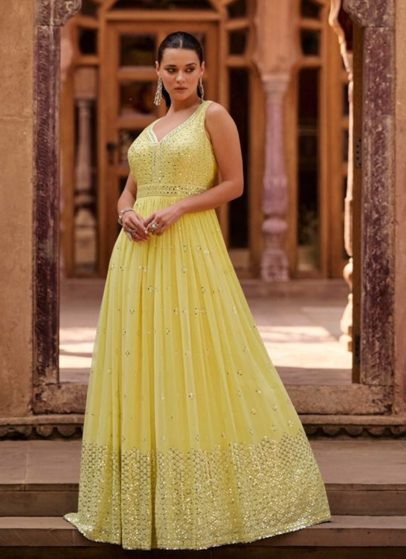 Real Georgette Gown In LIght Yellow