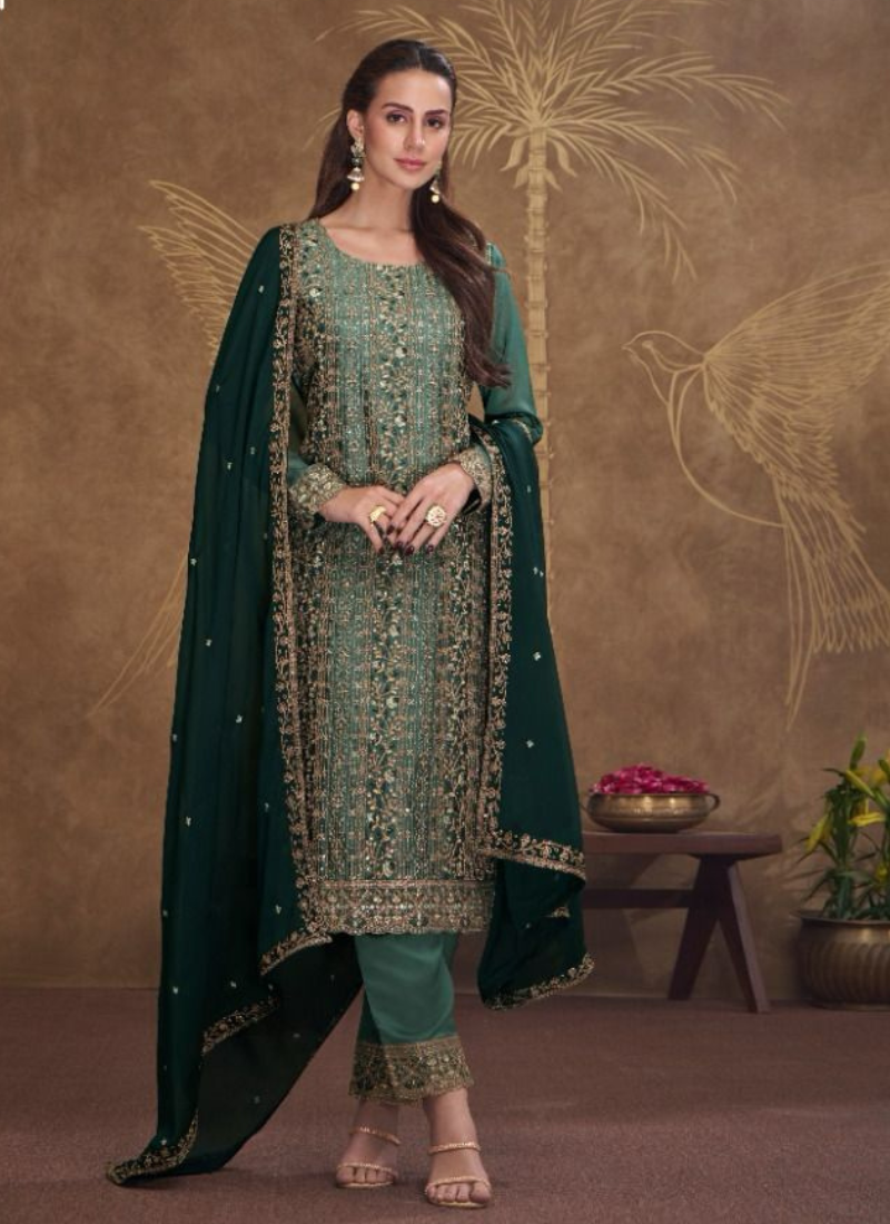 Catonic Silk embroidery Suit In Dark Green