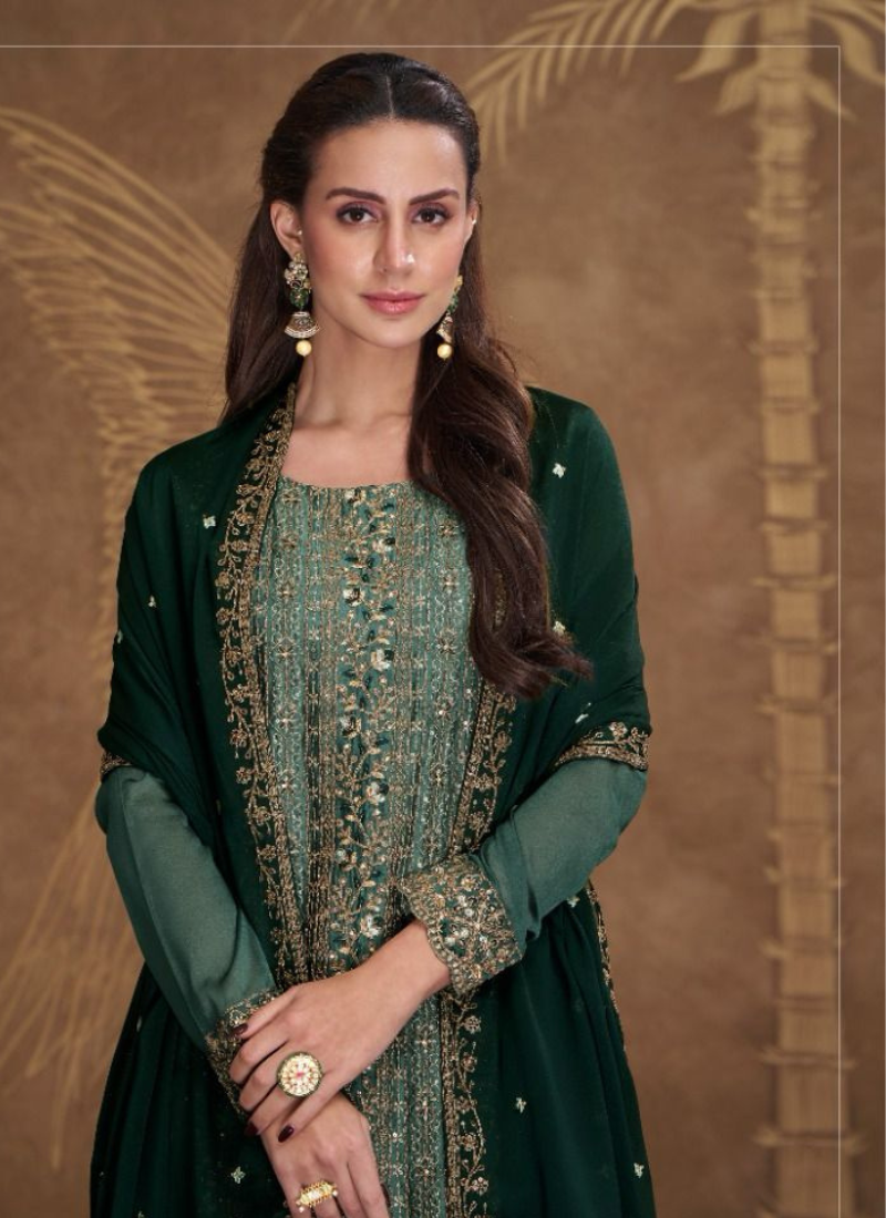 Catonic Silk embroidery Suit In Dark Green