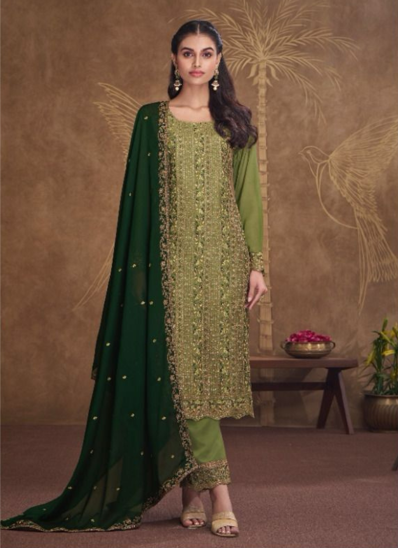 Catonic Silk embroidery Suit Set  In Light Green