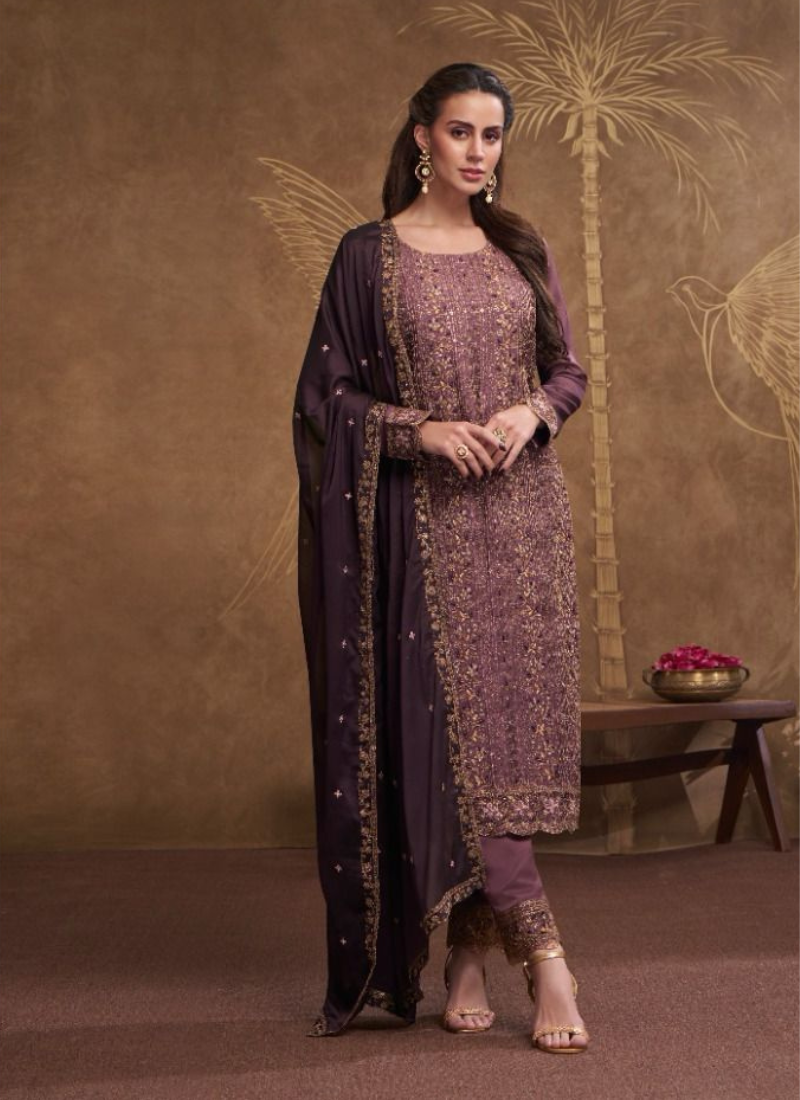 Catonic Silk embroidery Suit Set In Purple