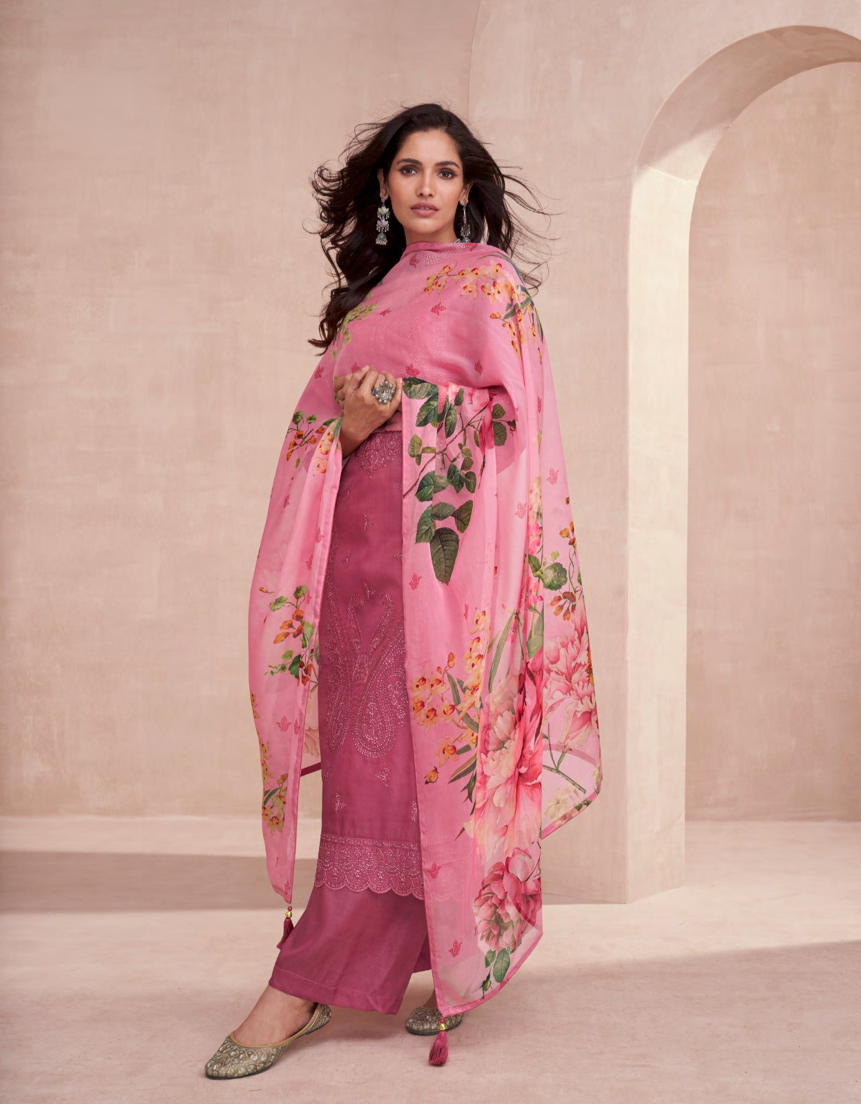 Designer Tussar Silk Suit Set In Pink