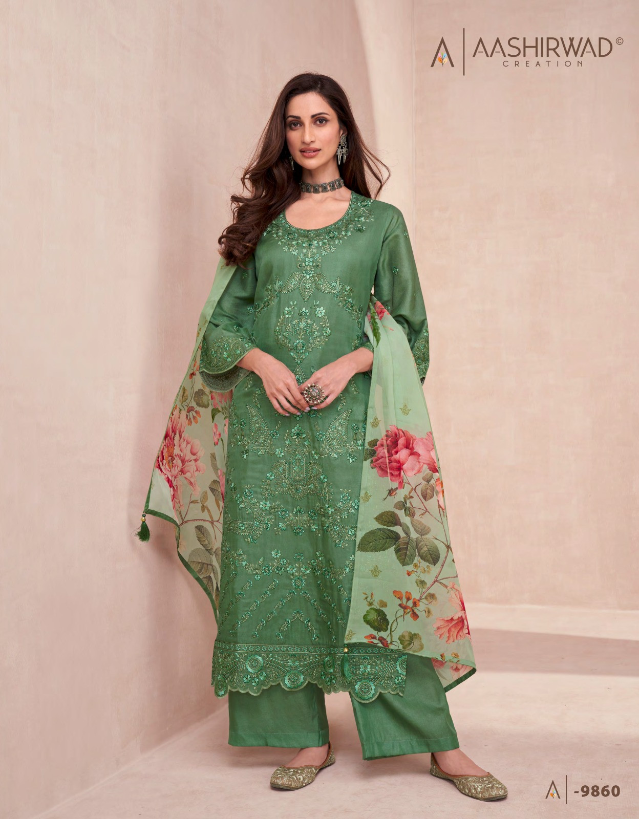 Designer Tussar Silk Suit Set In Green