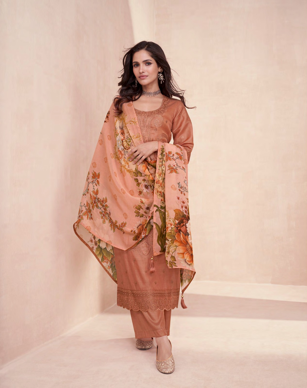 Designer Tussar Silk Suit Set In Brown