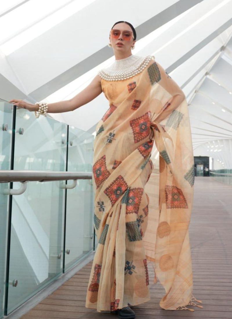Designer Hand Wooven Silk Saree In Nude Brown