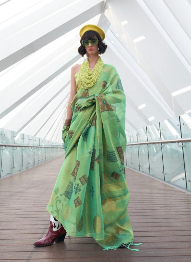 Designer Hand Wooven Silk Saree In Green