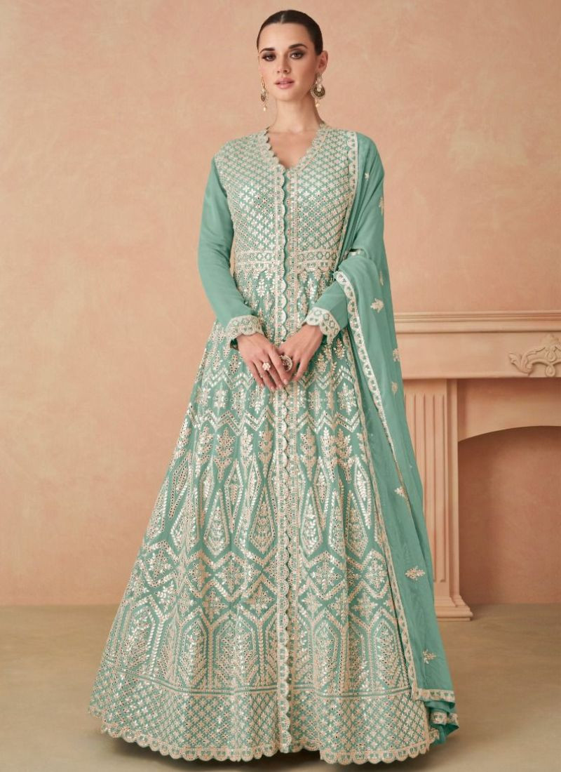 Designer Real Georgette Gown In Pastal Green